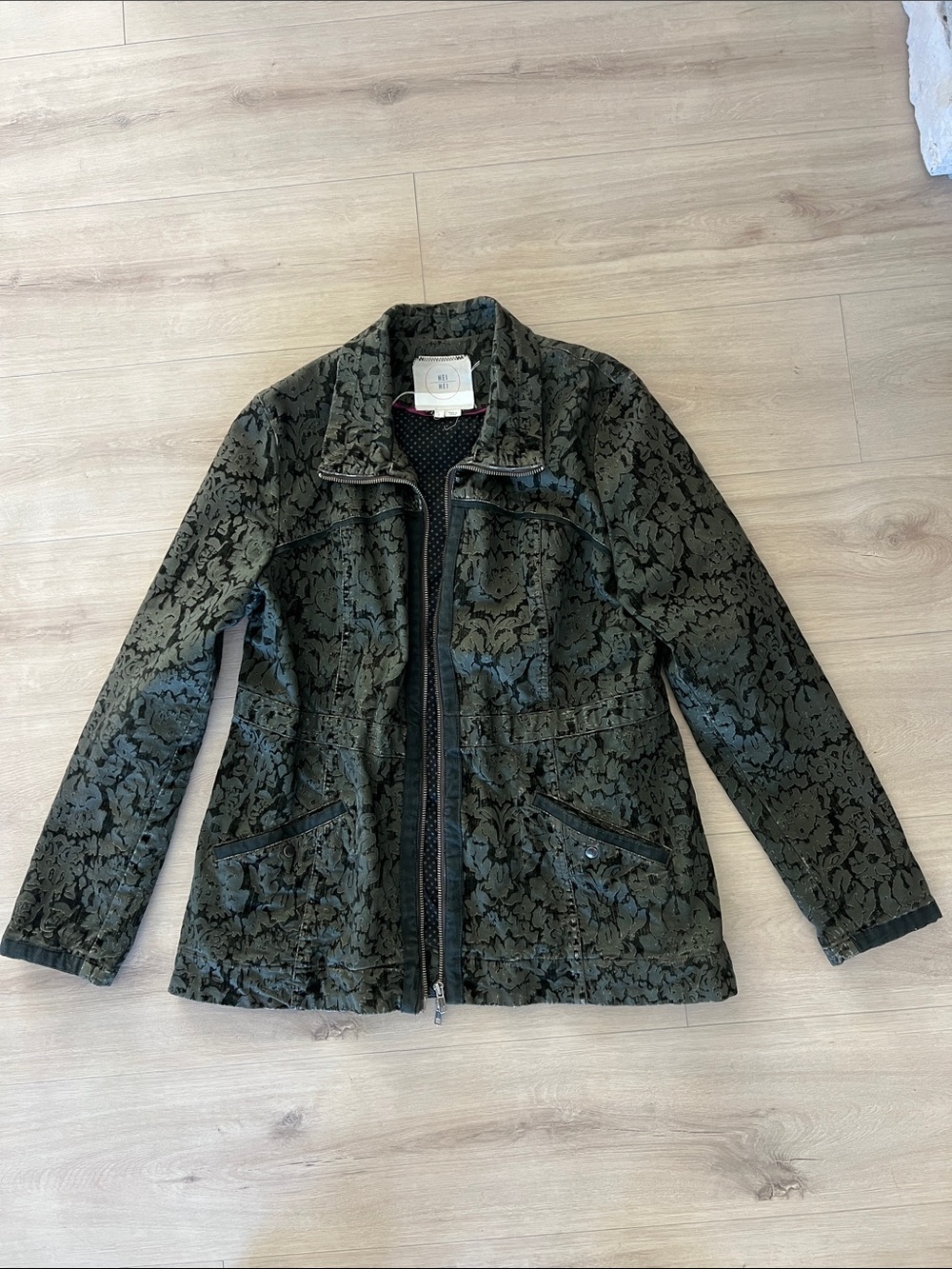 Women's Dark Olive Floral Utility Jacket with Zipper Anthropologie her hei brand